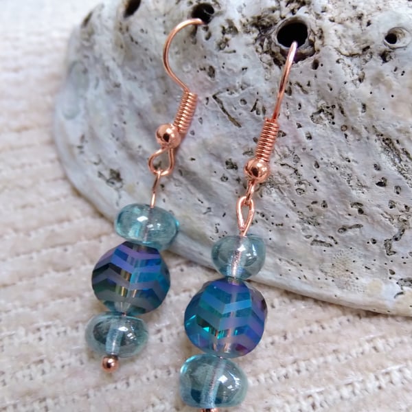 Stunning peacock faceted Czech glass and small dark sapphire beaded EARRINGS