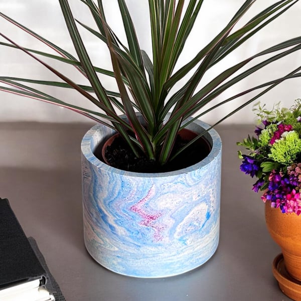 Large Plant Pot  - Blue, Lilac and Purple Marbled Planter