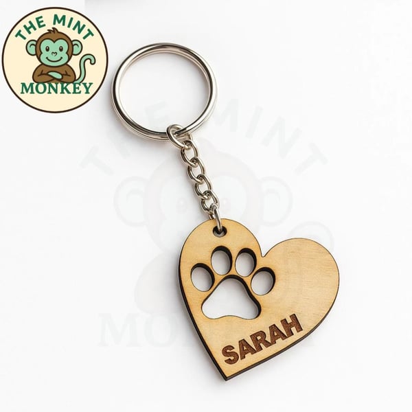 Personalised heart pawprint keychain, handmade engraved gift, birthday, dog