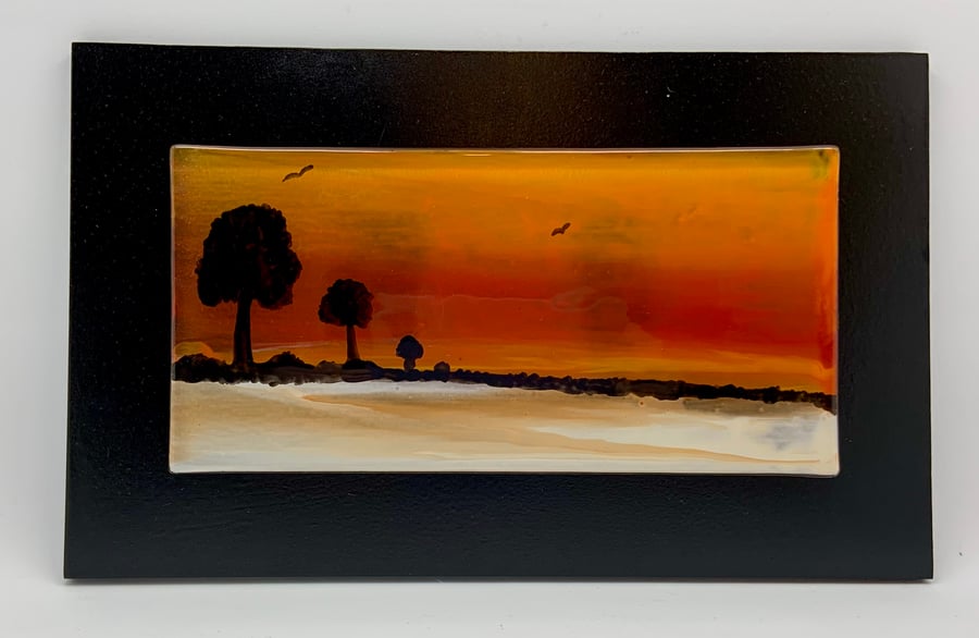 “Silhouette at Sunset” Beautiful Glass hand enamel hand painted panel.
