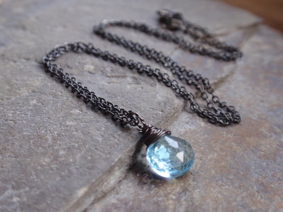 Beautiful blue topaz necklace on oxidised sterling silver black chain, gemstone