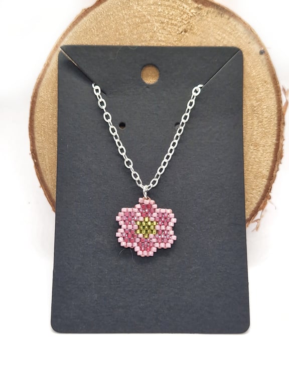 Pink and yellow flower beaded pendant trace silver chain necklace