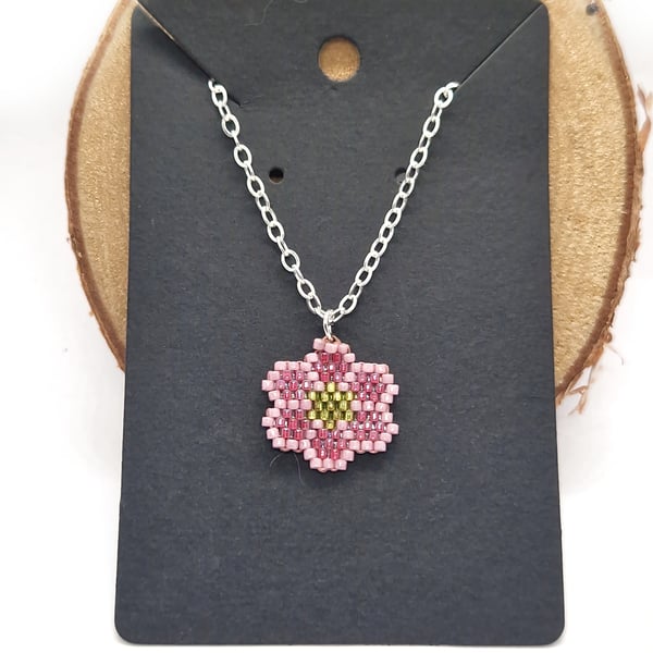 Pink and yellow flower beaded pendant trace silver chain necklace