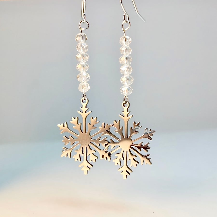 Christmas Earrings - Snowflake Charm With Sparkly Glass - Free UK P&P