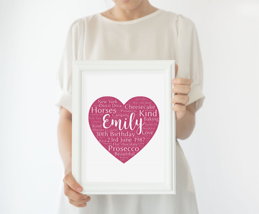 Personalised love heart Word Art print. Anniversary, thank you, birthday gift