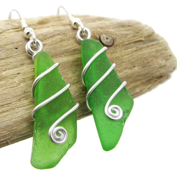 Sea Glass Earrings - Green - Scottish Sterling Silver Wire Celtic Jewellery