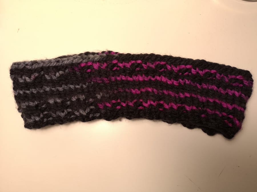 Handknitted pink, black and grey ear warmer textured