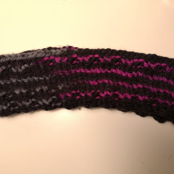 Handknitted pink, black and grey ear warmer textured