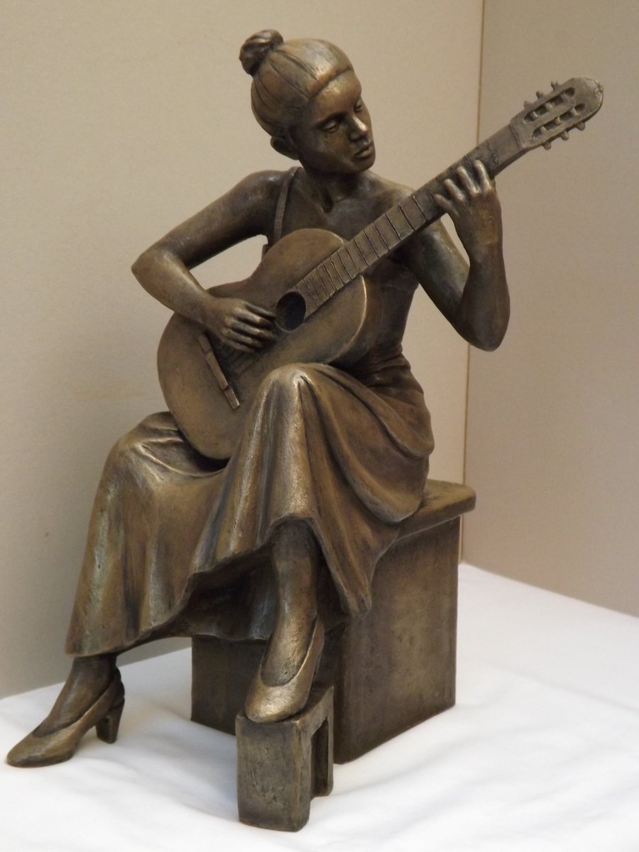 'Solo Performance' Seated Female Guitar Player Sculpture Bronze Resin Domestic 