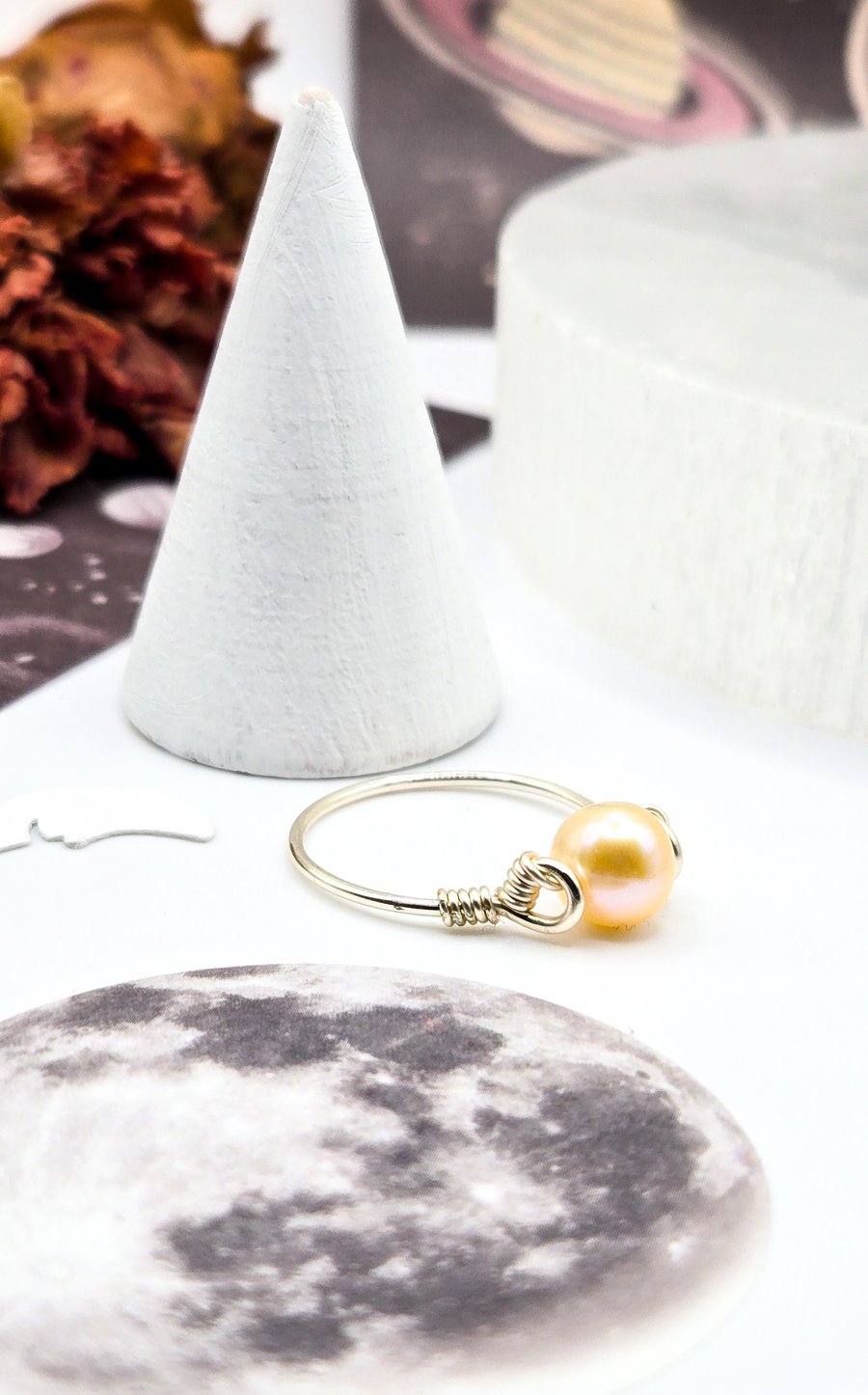 Pearl Ring - Sterling Silver Freshwater Pearl Ring, Peach Pearl, Stacking Ring