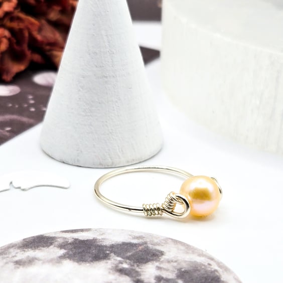 Pearl Ring - Sterling Silver Freshwater Pearl Ring, Peach Pearl, Stacking Ring