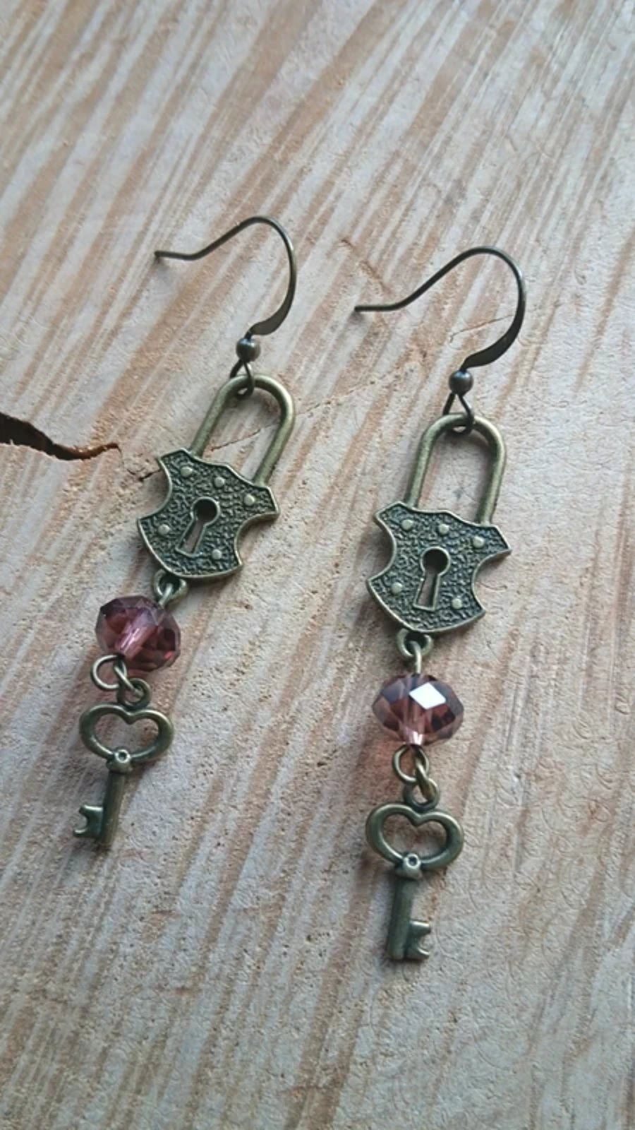 Steampunk Lock and Key Earrings with purple crystals