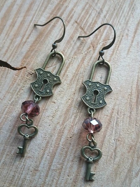 Steampunk Lock and Key Earrings with purple crystals