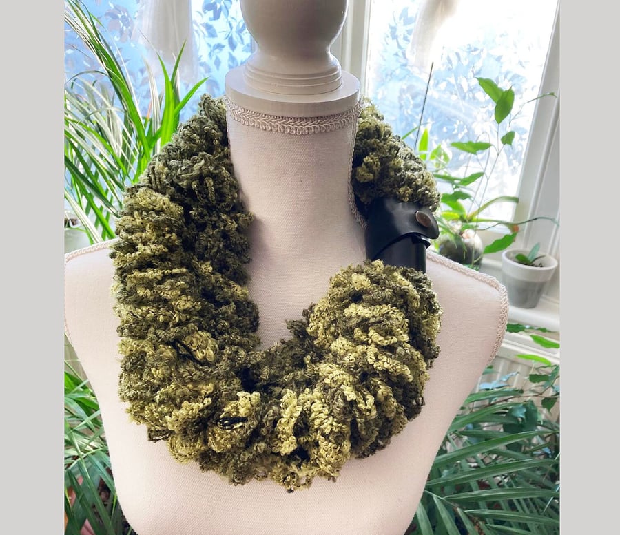 Crochet ombre olive green shawl wraphand knit scarf with faux leather strap 