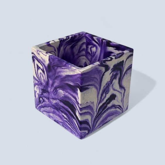 Purple Plant Pot Cube - 10 cm Unique Violet Marbled Planter