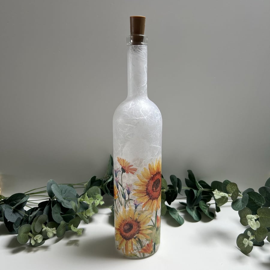 Decoupage Bottle Light Sunflowers, Home Decor