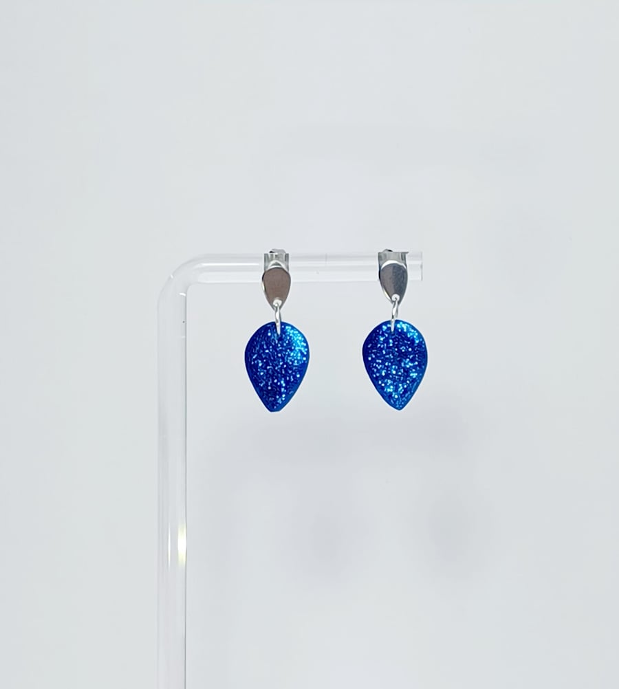 Royal blue sparkle small teardrop dangle earrings      