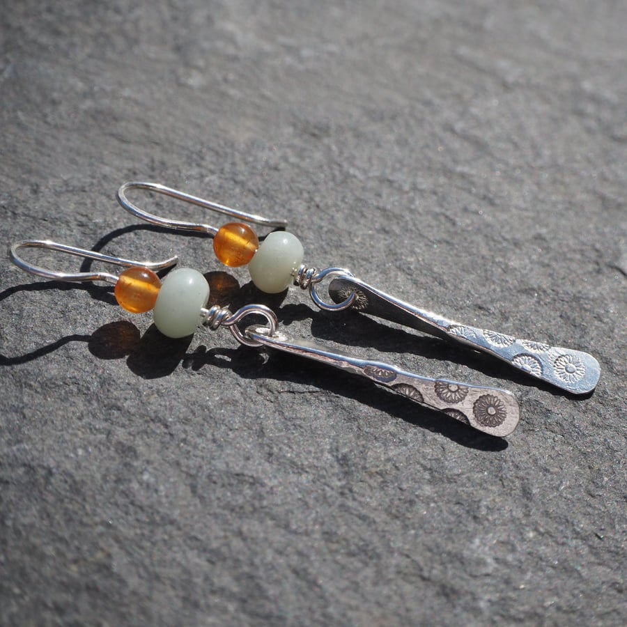 Earrings, Silver Daisy Drop Earrings, Carnelian and Amazonite Beads