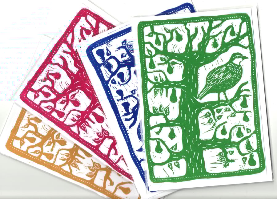 A Partridge In A Pear Tree Christmas cards Set of 4, linocuts by John Freeman