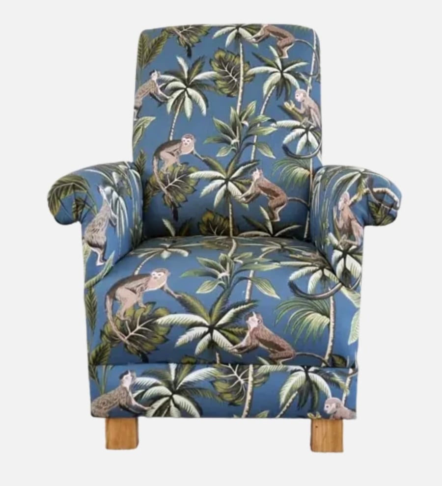 Monkeys Jungle Armchair Adult Chair Fryetts Teal Fabric Safari Animal Botanical 