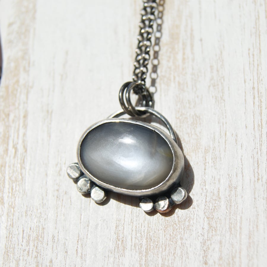 Grey Moonstone Necklace, Silver and Copper Pendant
