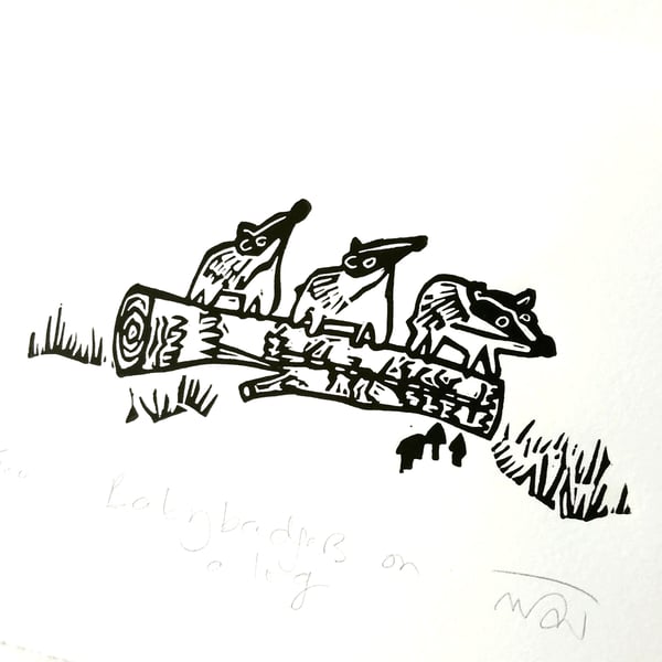 Baby Badgers on a log - lino cut print