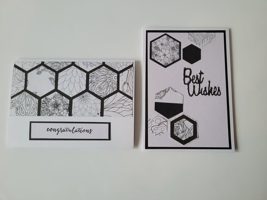 2x Black & White, Congratulations card, Best Wishes card, blank card, Bee