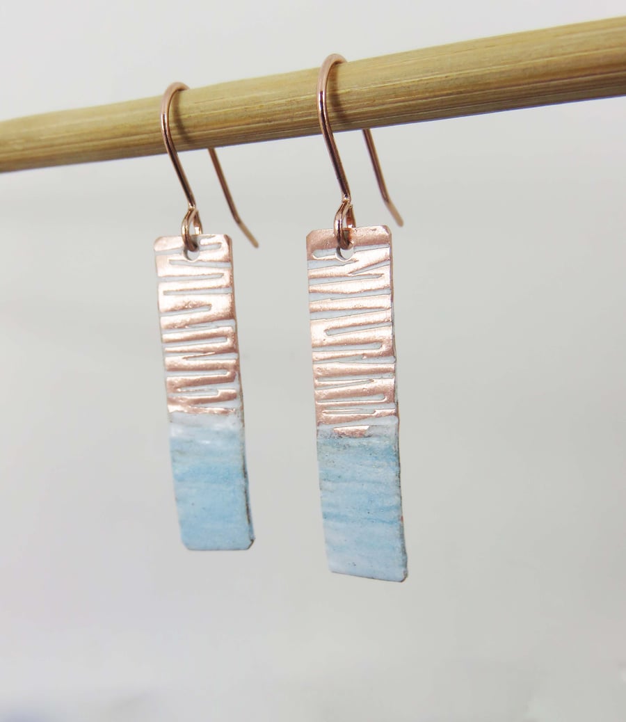 Enamel and Textured Rectangle Copper Dangle Drop Earrings