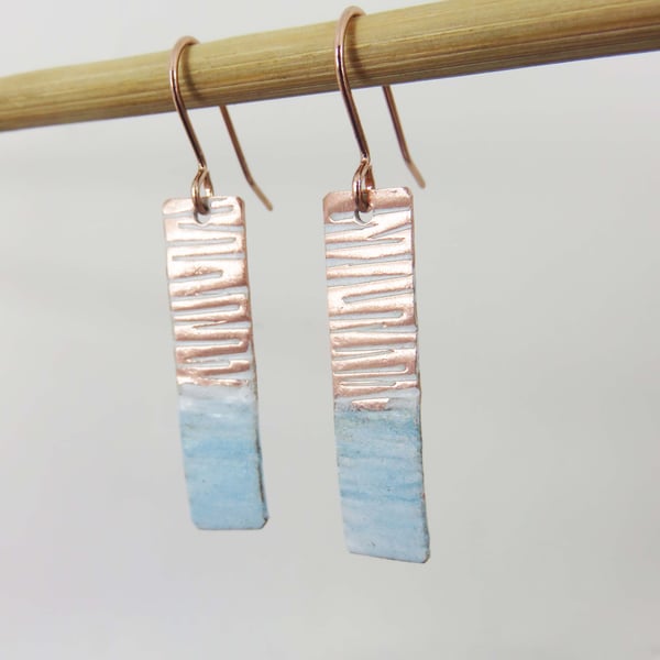 Enamel and Textured Rectangle Copper Dangle Drop Earrings