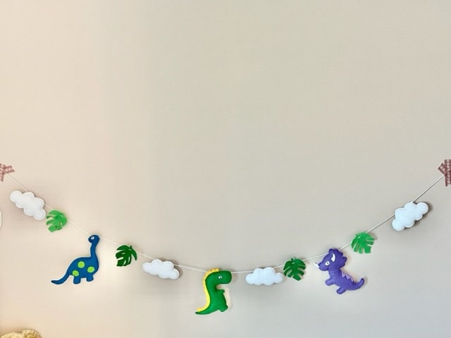 Dinosaur bunting, felt nursery dinosaur garland, nursery decor, dinosaur clouds 