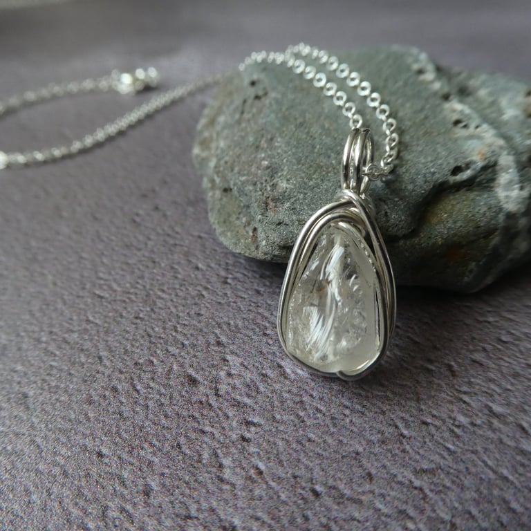 Sterling silver raw quartz necklace, clear crystal April birthstone necklace