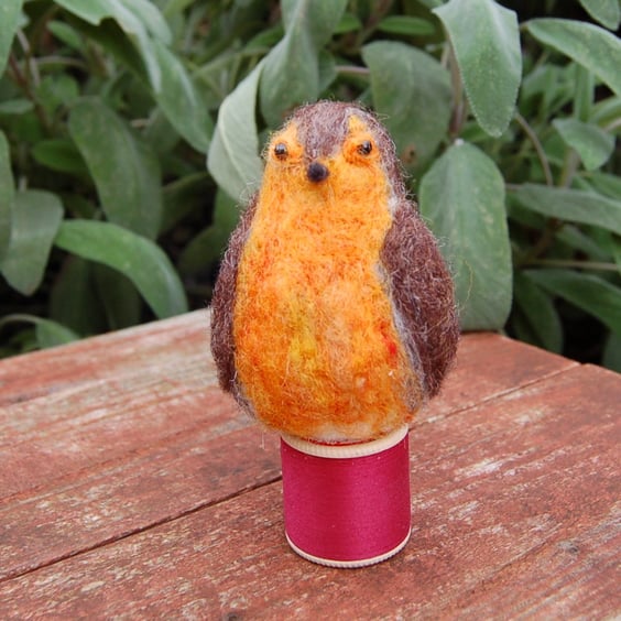 Robin on a bobbin. Needle Felt Robin - wool textile art.