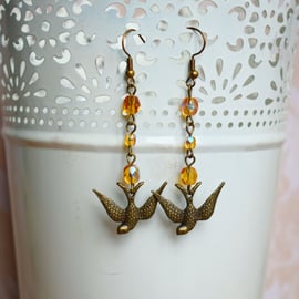 Swallow Earrings with Topaz Glass Beads