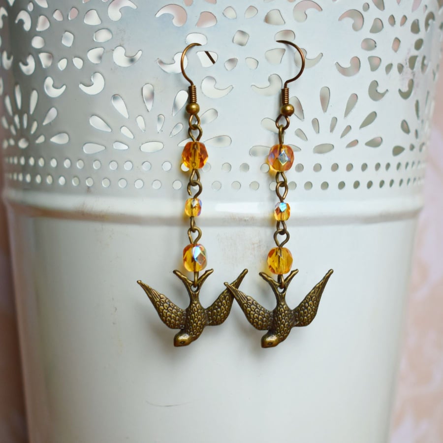 Swallow Earrings with Topaz Glass Beads