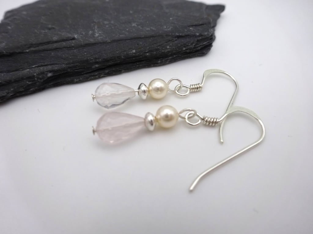 rose quartz and pearl earrings