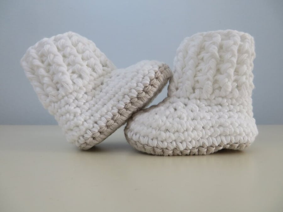 Cotton Baby Booties - White and Grey - Sizes Newborn & 0-3 Months