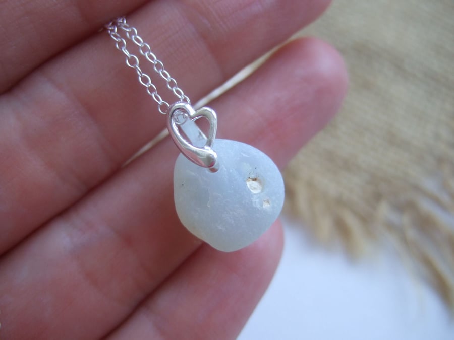 Sea glass necklace, opalescent Seaham sea glass pendant, bonfire beach glass