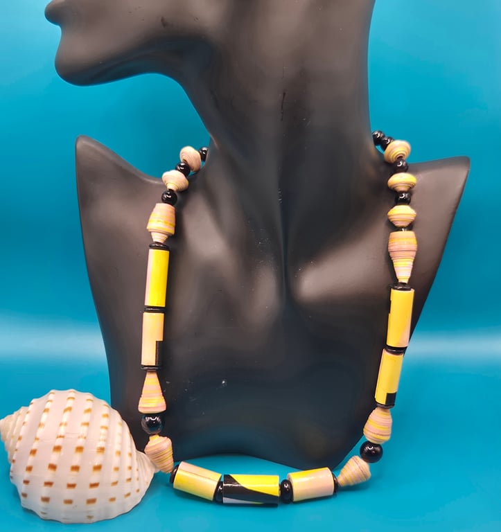 Yellow, pink and black paper beaded necklace