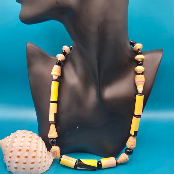 Yellow, pink and black paper beaded necklace