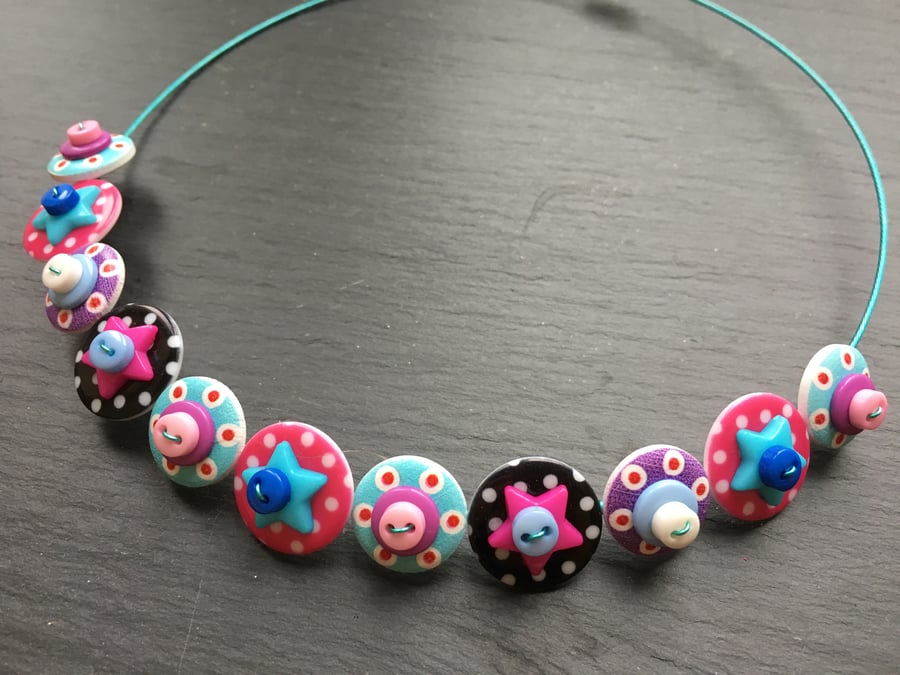 Spotted Star Button Choker Necklace Black Hot pink Turquoise