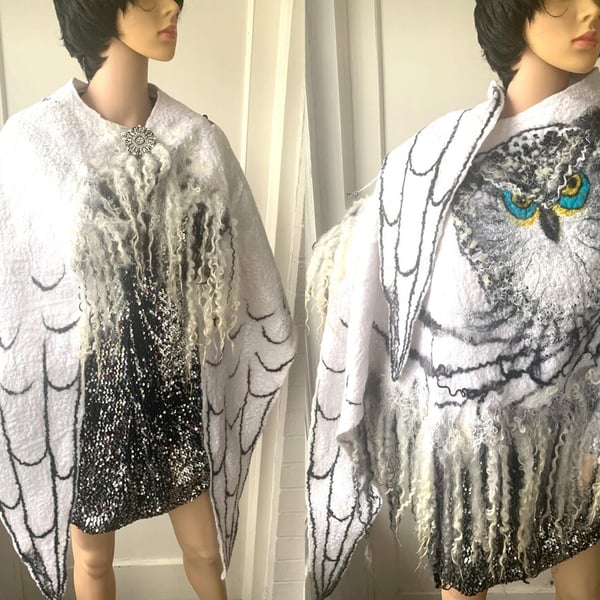 Hand Felted, Wool felted soft ART  SCARF  on silk -owl-