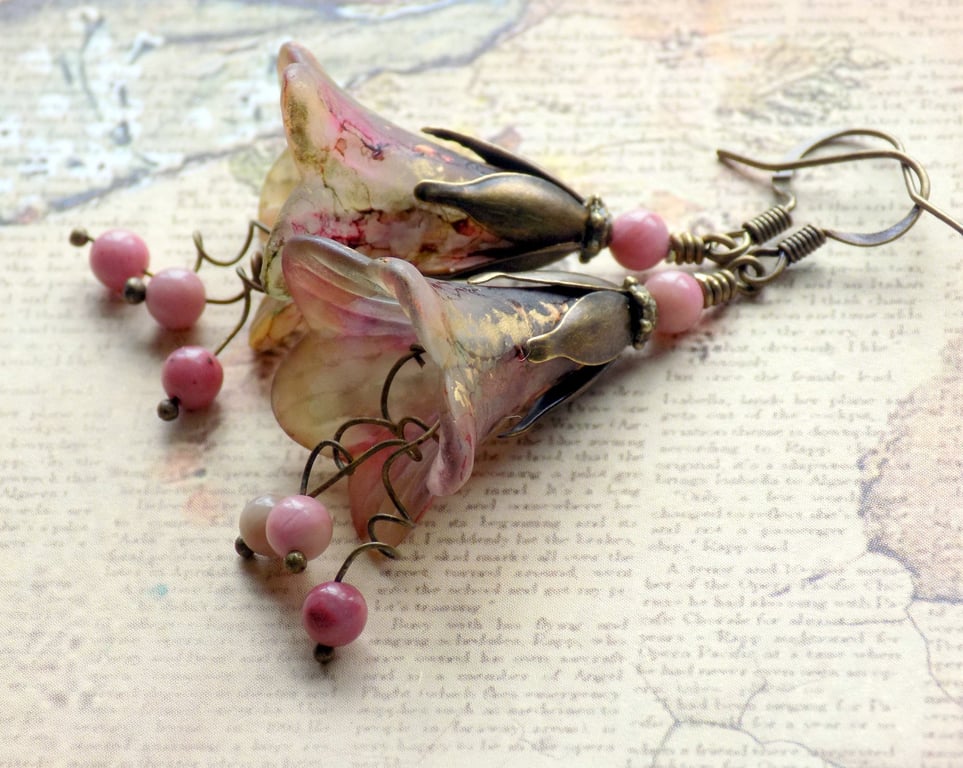 Rose Pink Green Gold "ILLUSION OF TIME" Hand Painted Lucite Flower Earrings