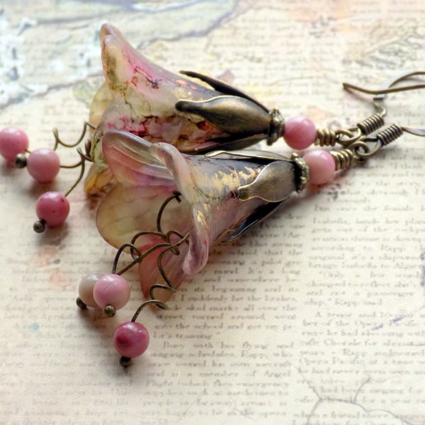 Rose Pink Green Gold "ILLUSION OF TIME" Hand Painted Lucite Flower Earrings
