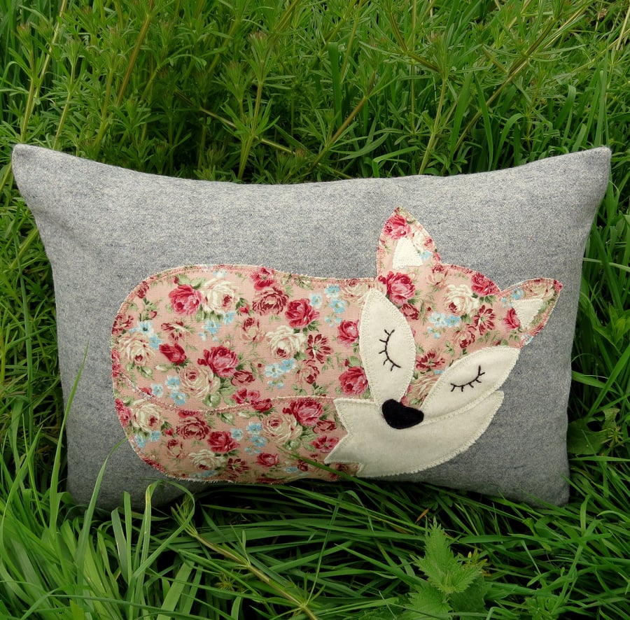 Fox cushion.  Sale!   A floral fox on grey wool. Complete with feather pad..