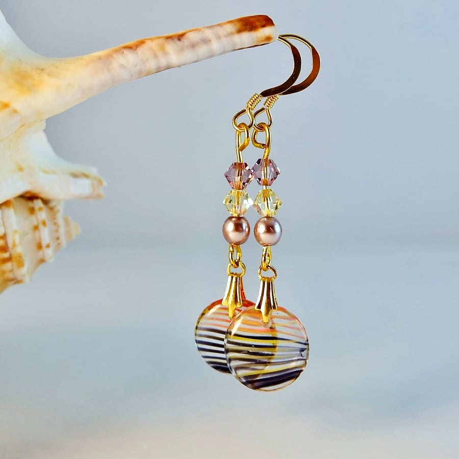 Czech Glass Disc Earrings, With Pearl & Swarovski Crystals  - Handmade In Devon