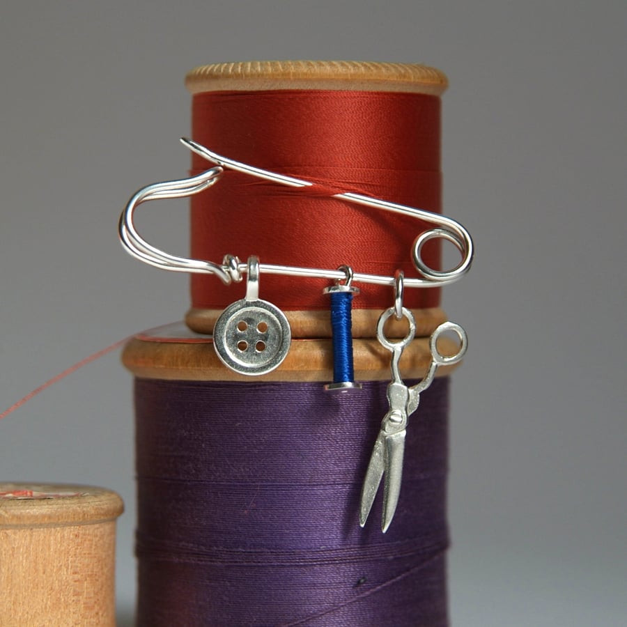 Sewing Charms Brooch, Scissors, Bobbin & Button on a Safety Pin, Sewing Gift