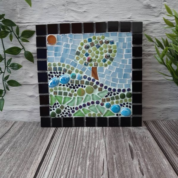 Mosaic apple tree wall art, iridescent mosaic