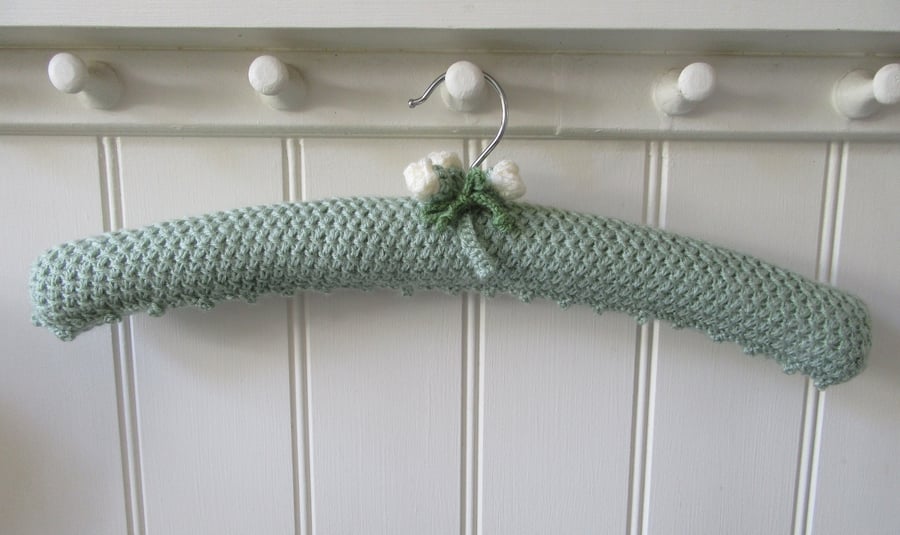 Coat hanger clothes hanger - green lace stitch with cream buds