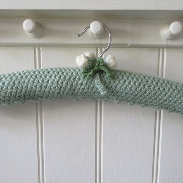 Coat hanger clothes hanger - green lace stitch with cream buds