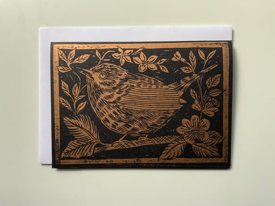Linocut print - Wren - Hand Printed - Greeting Card - Block Print - Art Card
